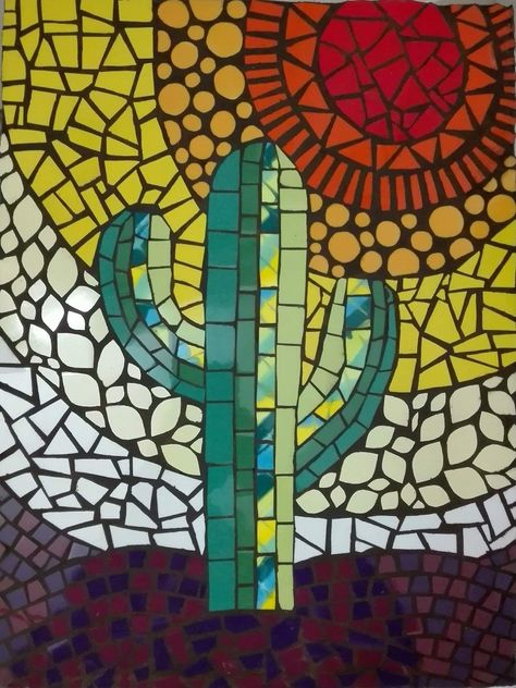 Cactus Mosaic Wall Art, Desert Mosaic Ideas, Cactus Mosaic, Mosaic Cactus, Mosaic Windows, Easy Mosaic, Paver Patterns, Mosaic Garden Art, Cactus Pattern