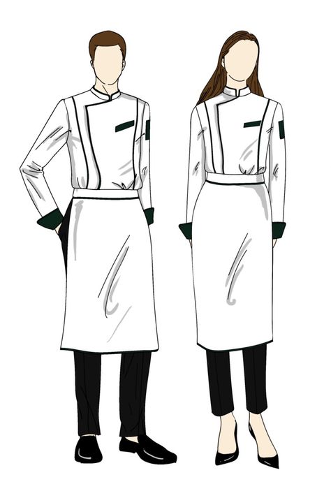 Chef Uniform Drawing, Chef Outfit Drawing, Chef Clothes Design, Uniform Sketch, Chefs Uniform, Chef Drawing, Dress Illustration Design, Chef Outfit, Chef Dress