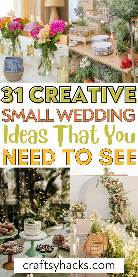 Plan a micro wedding with these innovative small wedding ideas! Find inspiration for unique wedding venues, guest lists, and personalized wedding decorations that make your wedding celebration special. Very Small Intimate Wedding Ideas, Intimate Summer Wedding, Informal Wedding Reception Ideas, Smaller Wedding Ideas, Small Touches For Wedding, Small October Wedding, Elegant Micro Wedding, Micro Weddings Ideas, Small Wedding Ideas Decoration