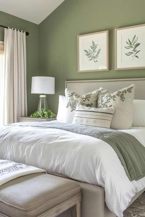 10 Green And Grey Bedroom Interior Designs For Your Inspiration! - My Decor Inspo 1940s Color Palette, Grey Bedroom Interior, Green And Gray Bedroom, Bedroom Inspo Grey, Grey Green Bedrooms, Green And Grey Bedroom, Sage Paint, Green And White Bedroom, Bedroom Bay Window