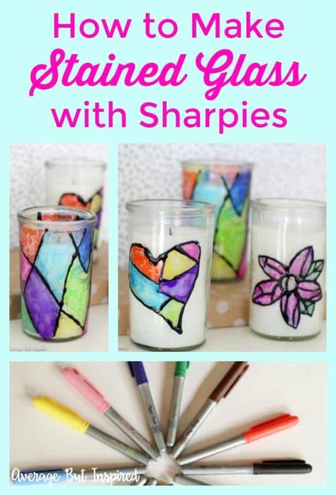 How to Make Stained Glass with Sharpies Stained Glass With Sharpies, Glass Markers Diy, Permanent Marker Art, Sharpie Glass, Diy Sharpie Crafts, Sharpie Projects, Plastic Spoon Crafts, Diy Stained Glass Window, Diy Summer Crafts