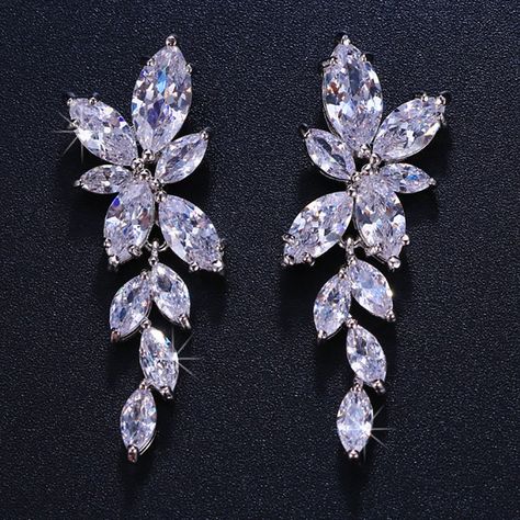 CWW Zircons Elegant Diamond Leaves Drop Wedding Stud | Etsy Crystal Earrings Wedding, Crystal Bridal Earrings, Bridal Earrings Drop, Long Drop Earrings, Sparkly Earrings, Wedding Bridal Jewellery, Diamond Drop Earrings, Leaf Earrings, Wedding Earrings