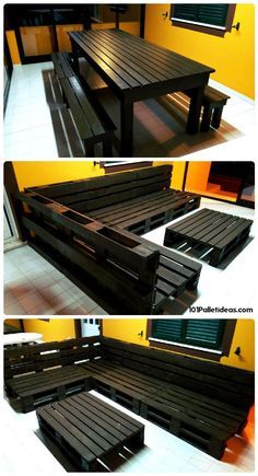 Black Stained Pallet Dining Set & Sofa Set - 15 Top Pallet Projects You can Build at Home | 101 Pallet Ideas Pallet Patio, Pallet Ideas Easy, Pallet Sofa, Pallet Designs, Pallet Creations, Pallet Crafts, Diy Holz, Pallet Furniture Outdoor, Wood Pallet Projects