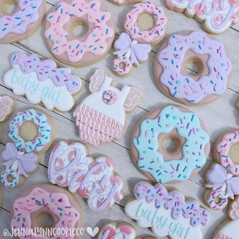 Baby Sprinkle Cookies Girl, Sprinkled With Love Cookies, Baby Sprinkle Cookies, Sprinkle Baby Shower Ideas, Donut Sugar Cookies, Cookies Design, Sprinkled With Love, Jenna Lynn