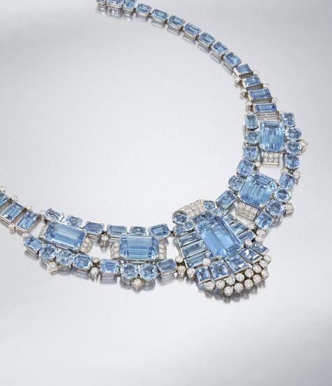 An Art Deco aquamarine and diamond necklace, by Cartier, Diamond Necklace Cartier, Necklace Cartier, Cartier Necklace, Aquamarine Gem, Jewelry Auction, Precious Jewels, Aquamarine Jewelry, Jewellery Uk, Geometric Necklace