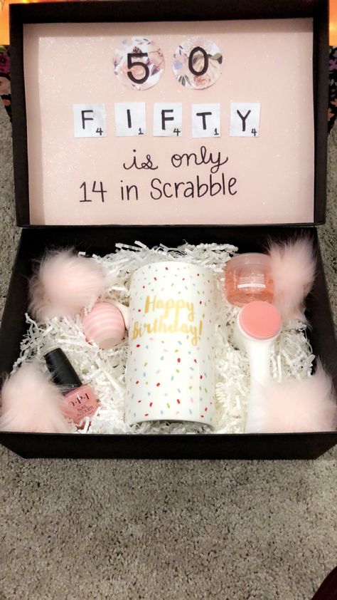 50th Birthday Box Gift Ideas, Mother 50th Birthday Gift Ideas, 50th Birthday Baskets For Women, Birthday Box Ideas For Mom, Mums 50th Birthday Ideas, Mum 50th Birthday Ideas, 50th Birthday Diy Gifts, Bday Presents For Mom, Ideas For Mums Birthday