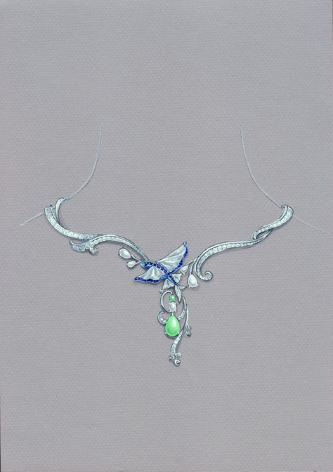 Flying fish - jewelry paintings by Huan Jewellery Sketch, Necklace Drawing, Art Jewelry Design, Jewellery Design Sketches, Flying Fish, High Fashion Jewelry, Jewelry Illustration, Jewelry Design Drawing, Ankle Jewelry