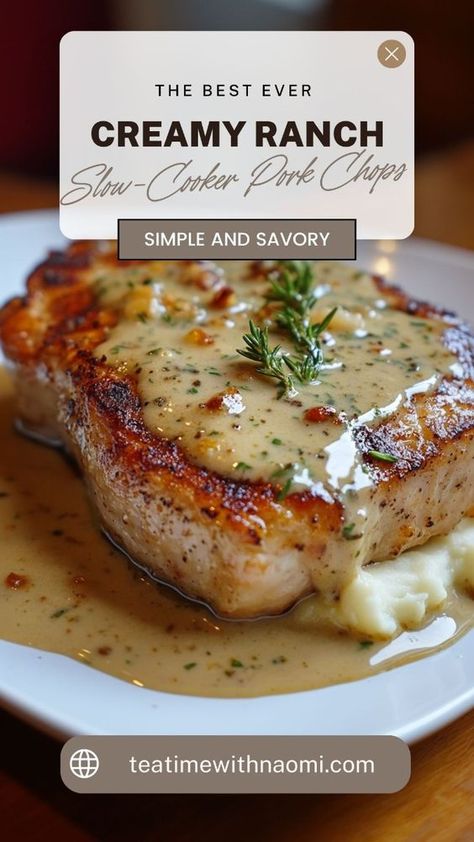 Discover this delicious and easy Creamy Ranch Slow-Cooker Pork Chops recipe, perfect for busy weeknights. Tender pork chops slow-cooked in a rich and creamy ranch sauce will become a family favorite. This simple dish pairs wonderfully with mashed potatoes or steamed veggies for a comforting meal! Creamy Crock Pot Pork Chops, Healthy Crockpot Recipes Pork Chops, Crockpot Pork Chops Cream Of Chicken, Pork Chops In The Crock Pot Bone In, Crockpot Pork Chop Meals, Smother Pork Chops Crock Pot, Garlic Parmesan Pork Chops Crock Pot, Pork Chop Ranch Seasoning, Slower Cooker Pork Chops Easy Recipes