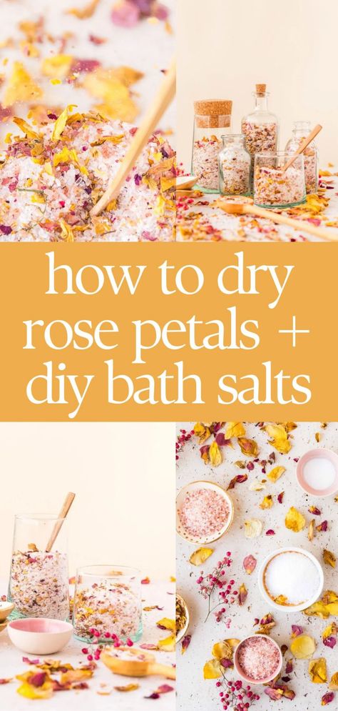 How to Dry Rose Petals + Make Rose Petal Bath Salts Dry Petals Ideas, Dry Rose Petals, Rose Petal Bath Salts, Rose Petal Bath, Salt Scrubs, Dry Rose, Bath Salts Diy, How To Make Rose, Diy Rose