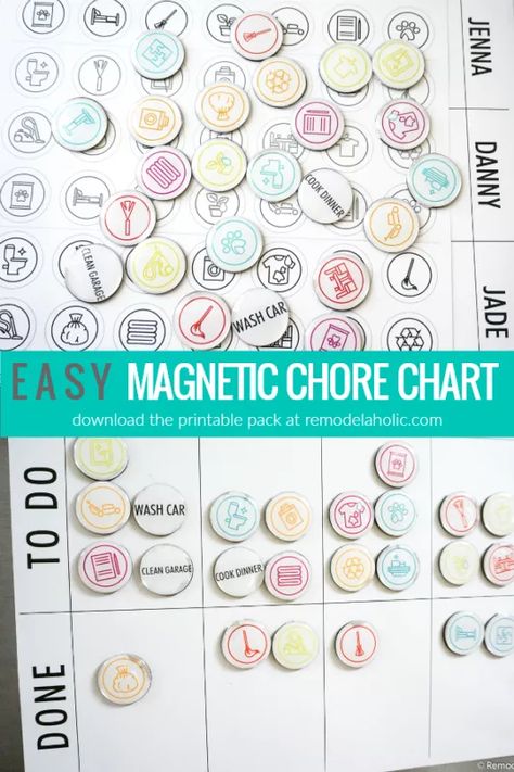 Get the whole family involved with this easy editable magnetic chore chart! Download the printable pack, enter your family's names, and print the chore chart magnets. Quick and easy family chore chart for kids! #remodelaholic Chores And Allowance, Editable Chore Chart, Chore Magnets, Family Chore Chart, Magnetic Chore Chart, Chore Board, Chore Chart For Kids, Family Chore Charts, Clean Garage