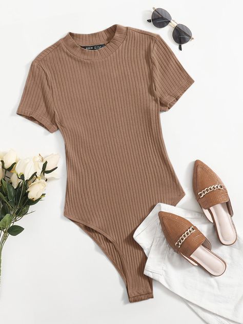 Brown Bodysuit, Bodysuit Shirt, Ribbed Knit Bodysuit, Bodysuit Tops, Body Suit Outfits, Knit Bodysuit, Contrast Collar, Short Sleeve Bodysuit, Knit Tees