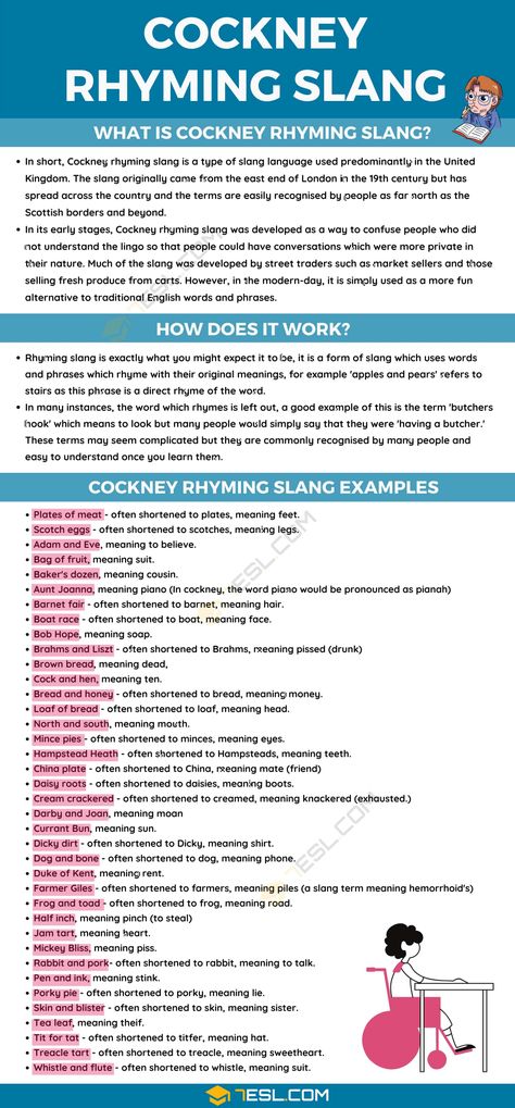 Cockney Rhyming Slang: 35+ Rhyming Slang Words with Useful Meanings 1 Rap Slang Words, Thieves Cant, Cockney Slang, English Tricks, Cockney Rhyming Slang, Slang Language, British Slang Words, Text Abbreviations, Internet Slang