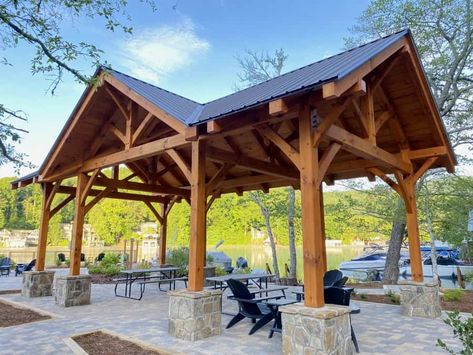 Post and beam timber frame shows transition framing from gable to shed, or between gables. ... HTTP://proudlandlandscape.com/ Timber Frame Pergola Plans, Timber Frame Barn Homes, Timber Frame Pergola, Timber Frame Pavilion, Timber Frame Barn, Types Of Timber, Outdoor Pavilion, Pine Timber, Shade Structure