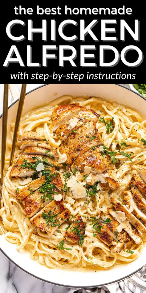 This quick and easy chicken fettuccine alfredo recipe is better than Olive Garden's and it takes just 30 minutes to throw together! It feels gourmet but it's actually super simple, made with juicy chicken breast, al dente fettuccine, and a delectably creamy homemade alfredo sauce. Easy Chicken Fettuccine, Easy Chicken Fettuccine Alfredo, Simple Chicken Alfredo Recipe, Homemade Chicken Alfredo, Chicken Alfredo Fettuccine Recipe, Chicken Alfredo Recipe, Chicken Fettuccine Alfredo, Chicken Fettuccine, Fettuccine Alfredo Recipes