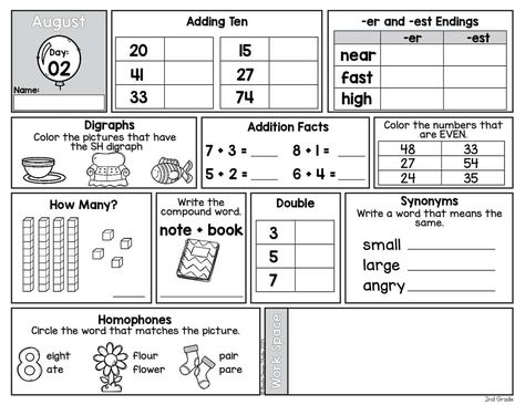 Want to start the school year with effective bell ringers? Our August worksheets provide a thorough math and literacy spiral review, perfect for morning work and homework. Save this pin to access free printables and educational resources! August Worksheets, Free Morning Work, Worksheets For 2nd Grade, Math Morning Work, Spiral Review, Bell Work, First Week Of School, Addition Facts, Bell Ringers