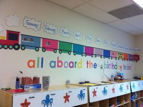 Birthday Board Ideas, Trains Preschool, Birthday Display In Classroom, Birthday Board Classroom, Toddler Teacher, Birthday Bulletin Boards, Birthday Bulletin, Infant Classroom, Birthday Display