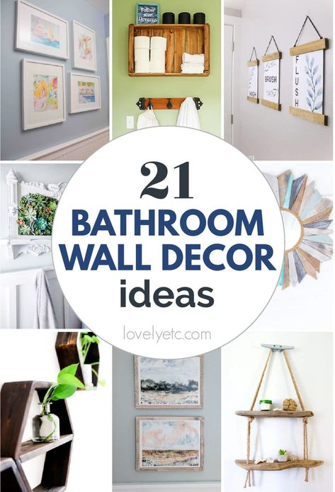 Wall art can make a huge difference in how pulled together your bathroom looks. But choosing wall art that looks appropriate in a bathroom can be tough. I'm sharing 21 bathroom wall decor ideas for all styles of bathrooms. Bathroom Wall Art Ideas, Kids Shared Bathroom, Bathroom Wall Decor Ideas, Pictures For Bathroom Walls, Bathroom Art Printables, Small Bathroom Suites, Rustic Bathroom Shelves, Bathroom Wall Decor Art, Bathroom Artwork