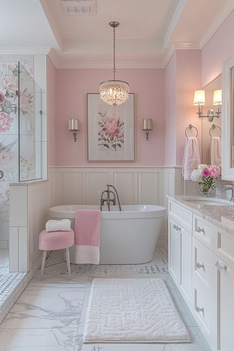 Blush Pink And Grey Bathroom Ideas, Modern Shabby Chic Bathroom, Bathroom Ideas Pink And White, Pink Bathroom Modern, Pale Pink Bathroom Walls, Pink And White Bathroom Ideas, Pink Restroom Ideas, Bathroom Ideas Pink And Grey, Retro Aesthetic Bathroom