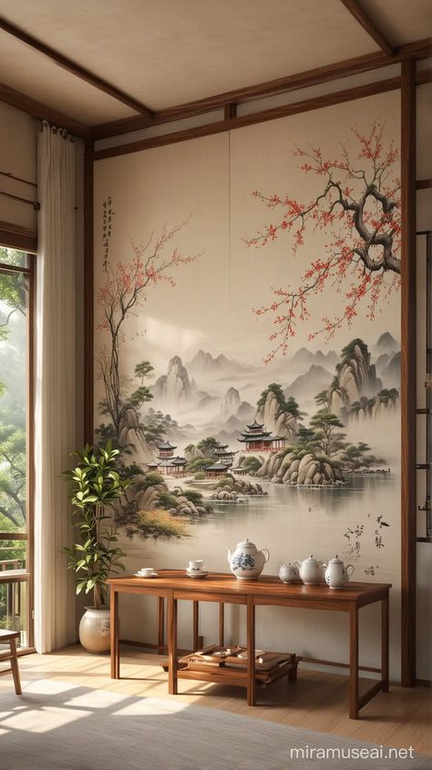 Youthful Artistry in a Traditional Chinese Study Room | MUSE AI Traditional Chinese Home Decor, Chinese Bedroom Traditional, Traditional Chinese House Interior, Chinese Interior Design Traditional, Chinese Study Room, Chinese House Interior, Traditional Chinese Interior, Chinese Dining Room, Traditional Chinese Home