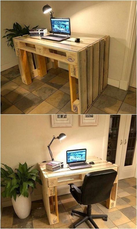 Pallet Office Ideas, Wood Table Decor, Pallet Desk, Pallet Furniture Designs, Study Table Designs, Wood Table Diy, Study Room Design, Pallet Projects Furniture, Wooden Pallet Furniture