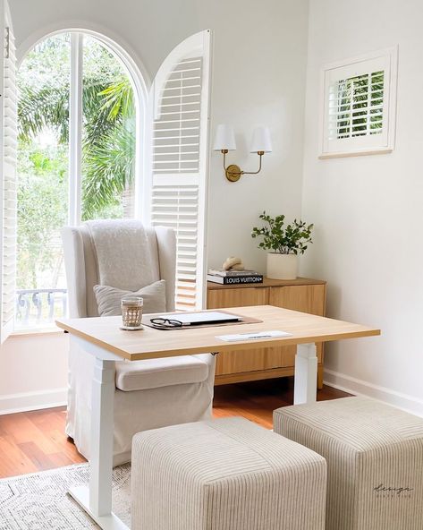 Branch Standing Desk, Minimalist Standing Desk, Standing Desk Styling, Light Airy Office, Office Standing Desk, Cottage Office, Farmhouse Office Decor, Desk Room, Feminine Home Offices