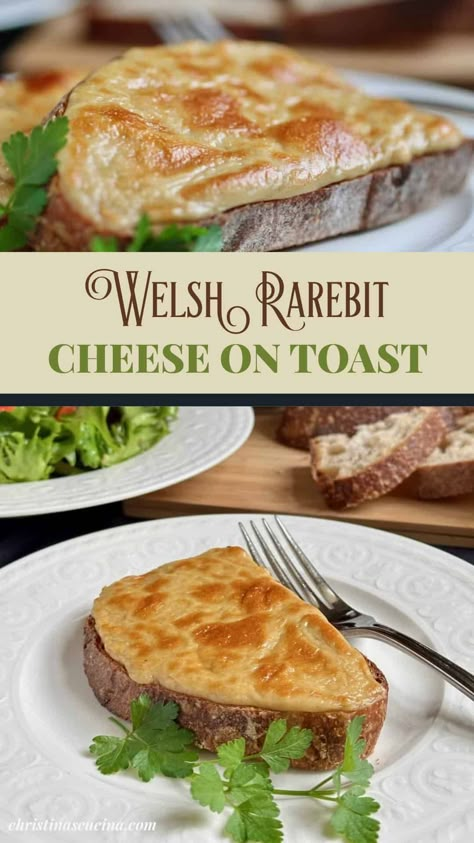 Welsh rarebit is an open-faced grilled cheese sandwich (cheese on toast) which comes together in minutes for a quick lunch anytime. Open Faced Grilled Cheese, Cheese Toastie Recipes, Welsh Rarebit Recipe, Lunch Treats, Sandwich Cheese, Cheese On Toast, Welsh Rarebit, British Foods, Great British Food