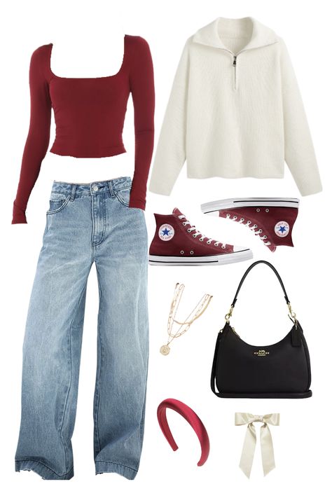 Get inspired with these maroon and cream outfits!  #OutfitInspo #MaroonOutfit #GoldJewelry  Outfit Inspo/Outfit Inspiration/Maroon Outfit/ Cream Outfit/  Sweatshirt/ Gold Jewelry/ Gold Earrings/Gold Necklace/Gold Rings/Coach bag/sling bag/ off the shoulder bag/ Converse/Converse shoes/Garage/Maroon Converse/red and white Converse/ jeans/red shirt/White/Stars/Tiffany/Bows/ headband Maroon Long Sleeve Outfit, Maroon And Cream Outfit, Maroon And White Outfits, Dark Red Converse Outfit, Maroon Sweatshirt Outfit, Red Converse Outfit Ideas, Maroon Converse Outfit, Converse Red Outfit, Outfits With Red Converse