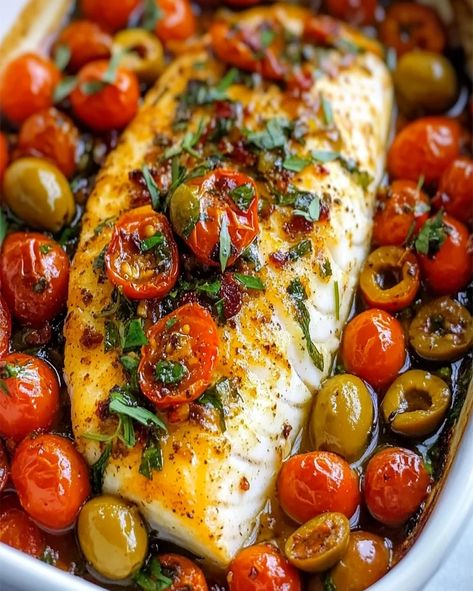 Mediterranean Baked Fish with Herb-Infused Tomatoes and Olives - optimal recipes Flounder Tomato Recipes, Mediterranean Tomato Recipes, Baked Mediterranean Cod, Mediterranean Pescatarian Recipes, Fish And Spinach Recipes, Fish And Tomatoes Recipes, Mediterranean Diet Fish Recipes, Mediterranean Fish Recipes, Tuscan Fish