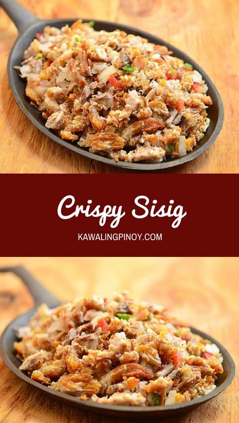 Crispy Sisig is the perfect use for your leftover lechon kawali! A delicious medley of tangy, spicy and crispy, it's great for family dinner meals as well as a party appetizer. via @lalainespins Filipino Sisig Recipe, Crispy Sisig, Pork Sisig Recipe Filipino Food, Lechon Leftover Recipe, Pork Sisig Recipe, Filipino Sisig, Sisig Recipe Philippines, Sisig Recipe, Philippine Cuisine