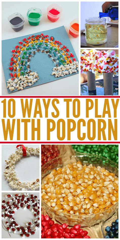 10 Ways to Play with Popcorn Popcorn Activity For Preschool, Popcorn Craft, Popcorn Experiments For Kids, Popcorn Activities For Kids, Popcorn Science, Science Fair Projects Popcorn, Popcorn Crafts, Popcorn Theme, Prek Crafts