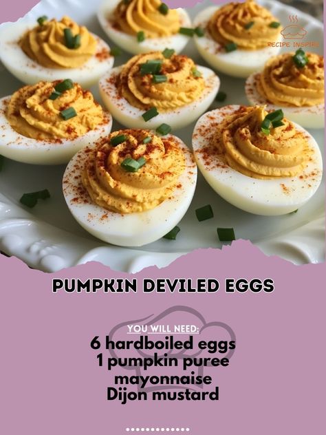 🎃 Elevate your appetizer game with these Pumpkin Deviled Eggs! Creamy, savory, and perfect for fall gatherings. 🍁 Pumpkin Deviled Eggs Ingredients: - 6 hard-boiled eggs - 1/4 cup pumpkin puree - 2 tbsp mayonnaise - 1 tsp Dijon mustard - 1/2 tsp paprika - Salt and pepper to taste - Chopped chives for garnish Instructions: 1. Cut eggs in half lengthwise, remove yolks, and place in a bowl. 2. Mash yolks with pumpkin puree, mayonnaise, mustard, paprika, salt, and pepper. 3. Spoon or pipe mixtu... Pumpkin Deviled Eggs, Fall Gathering, Hard Boiled, Deviled Eggs, Hard Boiled Eggs, Dijon Mustard, Boiled Eggs, Pumpkin Puree, Dijon