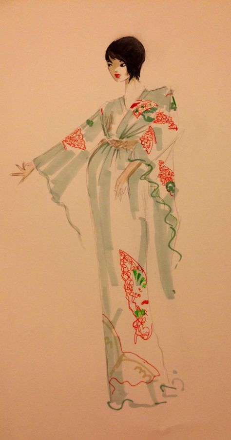 Kimono fashion illustration by Lisa Shearing Kimono Fashion Drawing, Kimono Fashion Illustration, Kimono Design Drawing, Kimono Sketch, Asian Fashion Illustration, Fashion Sketchbook Inspiration, Kimono Design, Asian Home Decor, Japan Trip