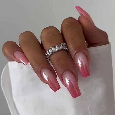 Nails With Chrome Design, French Tip Ballerina, Nails Pink French Tip, Nails Pink French, Ombre Chrome Nails, Ballerina Nails Designs, Pink French Tip, Chrome Design, Pink Chrome Nails