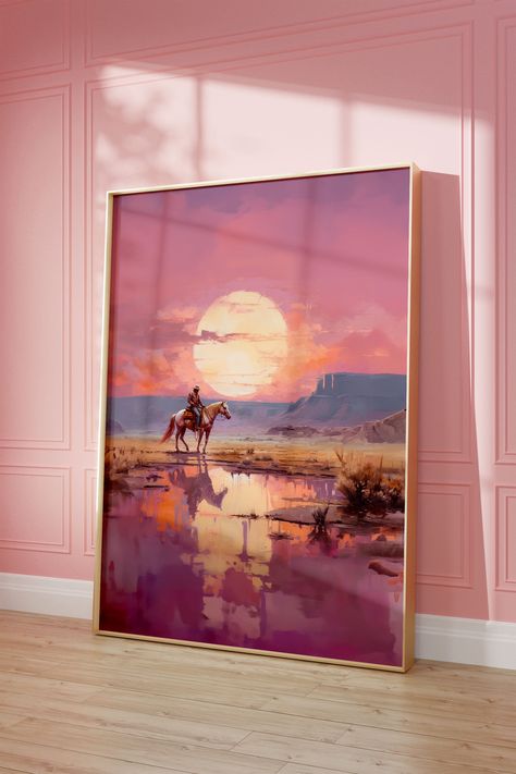 Pink Desert Scene Cowboy - Vintage Style Western Country Digital Download Poster Art Immediate Digital Download The frame is not included. Digital Download Only. HOW TO DOWNLOAD: Once your purchase is finalized, Etsy will promptly redirect you to a confirmation page where you can instantly access your download link. Additionally, an email containing a download link for your files will be sent to the email address linked to your Etsy account. You have the freedom to retrieve this download link wh Wall Art Western, Colorful Cowgirl, Colorful Western Decor, Desert Cowboy, Cowgirl Wall Art, Western Painting Ideas, Vintage Cowboy Art, Western Decor Ideas, Cowboy Living Room