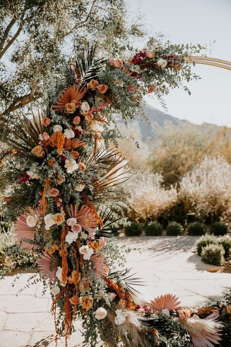 Rust And Greenery Wedding Arch, October Wedding Backdrop, Rust Orange Wedding Party, Altar Arch Wedding, Boho Terracotta Wedding Ceremony Decor, Wedding Fall Arch, Country Wedding Color Schemes Spring, Sedona Wedding Ideas, Fall Floral Arch Wedding