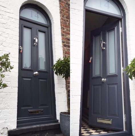 Solidor Anthracite Grey Victorian with Sandblasted Glazing Grey Front Doors, Victorian Front Doors, Front Door Interior, Composite Front Door, Window Company, Garage Door Design, Door Interior, Painted Front Doors, House Front Door