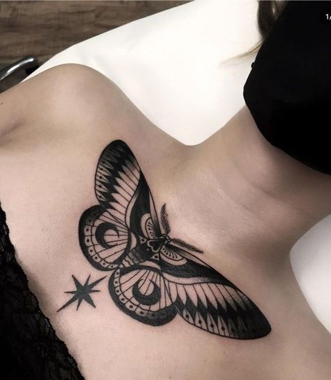 Butterfly On Chest Tattoo, Butterfly Chest Tattoo Female, American Traditional Moth, Moth Chest Tattoo, Butterfly Chest Tattoo, Traditional Moth, Anatomical Tattoos, Inside Of Arm Tattoo, Minimalist Tattoo Ideas