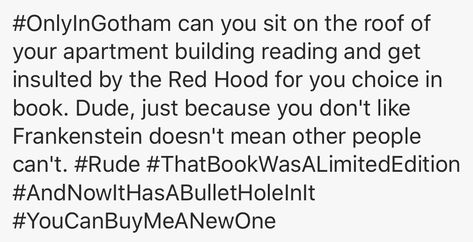 Only In Gotham, Batfamily Funny, Red Hood Jason Todd, Univers Dc, Batman Funny, Dc Memes, Batman Universe, Comics Memes, Batman Family