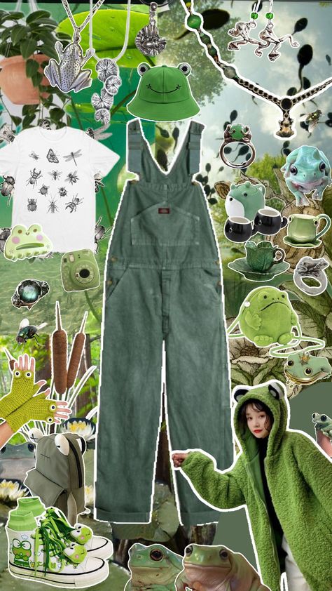 frog girl #frog #green #outfit #inspo #outfitinspo #animals #overalls #fashion #shoes #kerropi #purse #jewelry #accessories #jacket #hoodie #necklace #ring #earrings #bag #backpack #teapot #style #look #cute #bugs Frog Overalls, Frog Girl, Cute Bugs, Overalls Fashion, Jacket Hoodie, Necklace Ring, Green Outfit, Character Creation, Accessories Jacket