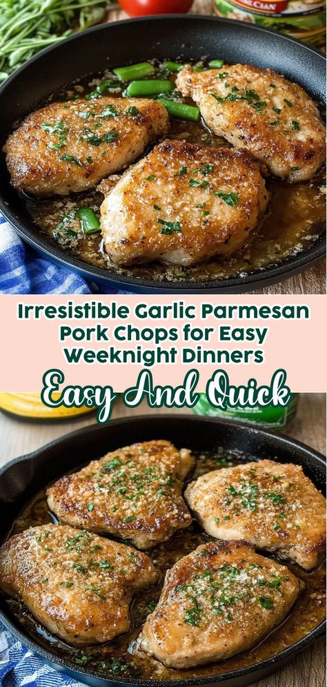 Elevate your weeknight meals with these Irresistible Garlic Parmesan Pork Chops! This easy recipe features juicy pork chops coated in a savory blend of fresh garlic and rich parmesan cheese, baked to golden perfection in under 30 minutes. Perfect for busy evenings or casual gatherings, these chops offer a delightful combination of crispy exterior and tender inside. Serve them alongside creamy mashed potatoes or roasted vegetables for a complete, mouthwatering dinner that your family will adore! Pork Chop Pasta Recipes, Pork Chops Oven Recipe, Garlic Parmesan Pork Chops, Cheese Pork Chops, Fast Dinner Ideas, Parmesan Pork Chops, Easy Pork Chops, Juicy Pork Chops, Cheese Baked