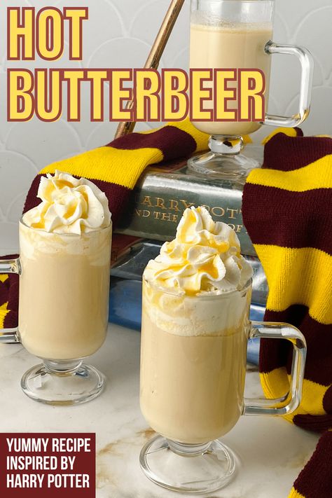 Butterbeer Hot Chocolate, How To Make Butter Beer Harry Potter, Butter Beer Recipe Alcoholic, Warm Butterbeer Recipe, Hot Butterbeer Recipe, Beer Desserts, Hot Christmas Drinks, Harry Potter Movie Marathon, Butterbeer Ice Cream