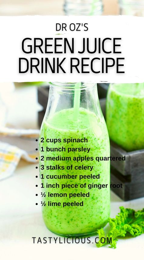 If you've ever paid attention to daytime TV in the past 15 years or so, you should be familiar with the name Dr. Oz. He has tons of ideas on how to get healthy, and one of them is the ultimate green juice (or smoothie) recipe. How to Make Dr. Oz's Green Drink | dr oz's green juice drink recipe | Dr. Oz's Green Drink | dr oz juice cleanse | dr oz spinach smoothie | dr oz smoothie recipes | juicing recipes | juicing cleanse | juicing for health | juices for weight loss Dr Oz Green Juice, Mexican Green Juice Recipes, Juicing Cleanse, Fat Flush Drink, Juice Design, Green Drink Recipes, The Smoothie Diet 21 Day, Easy Juice Recipes, Healthy Juicer Recipes