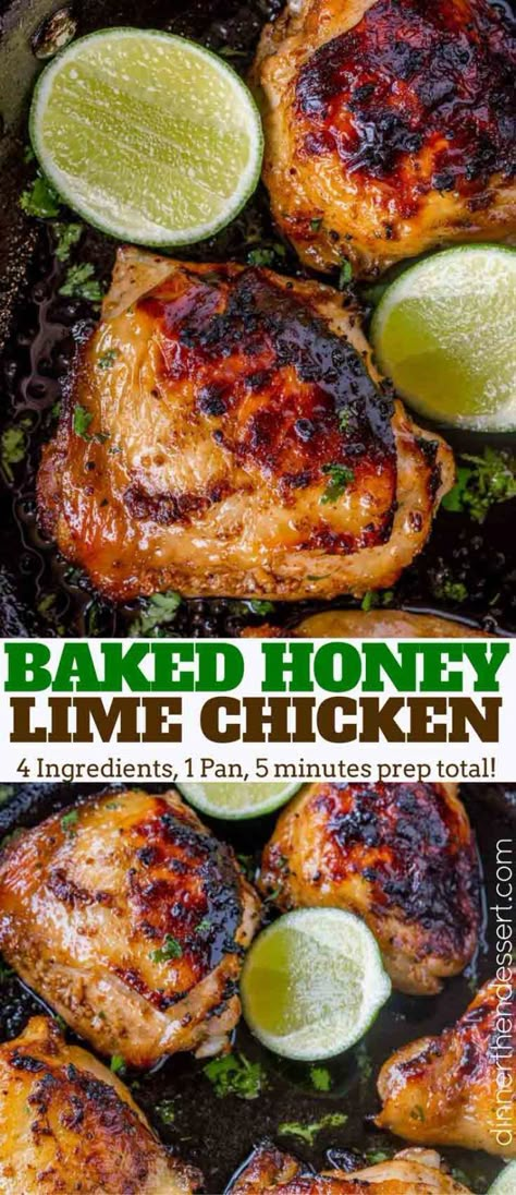 Baked Honey Lime Chicken with just 4 total ingredients browned then baked in the same skillet and the results are crispy, citrusy, sweet and tender.  Baked Honey Lime Chicken Baked Honey Lime Chicken is packed with flavor with practically no effort whatsoever and just a small handful of ingredients. This dish is one of our … Skillet Hot Honey Chicken With Hearty Greens, Lime Chicken Thigh Recipes, Honey Citrus Chicken, Baked Chicken Hindquarters, Spicy Honey Lime Chicken, Mojito Lime Chicken, Tonights Dinner, Lime Chicken Recipes, Dinner Then Dessert