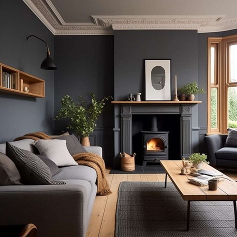 Snug Colour Scheme, Living Room Charcoal Walls, Dark Grey Panelling Living Room, Dark Feature Wall Living Room, Two Tone Living Room Walls, Dark Grey Walls Living Room, Dark Blue Lounge, Grey Flooring Living Room, Grey Feature Wall