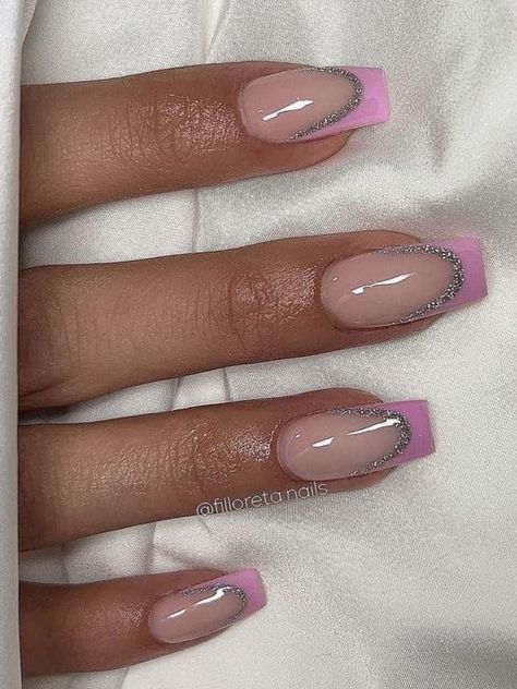 light pink and silver double french tip nails Double French Tip Nails, Double French Tip, Barbiecore Nails, Pink French Tip Nails, Pink French Manicure, Barbie Pink Nails, Pink Tip Nails, Pink French Tip, Pink French Nails