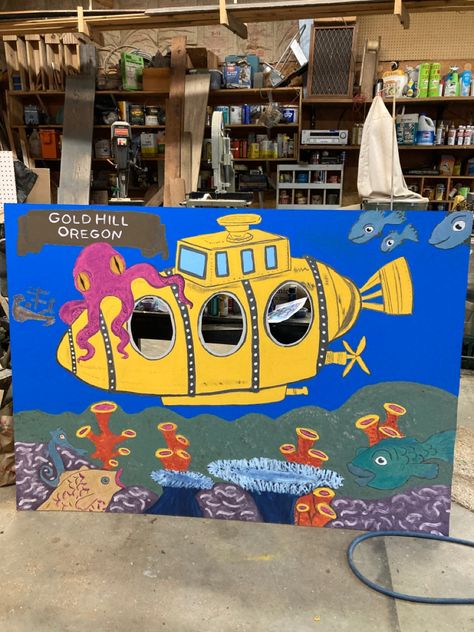 Submarine Photo Booth, Cardboard Submarine, Diy Submarine, Cardboard Photo Frame, Scuba Vbs, Gold Hill, Face In Hole, Vbs 2024, Clam Bake