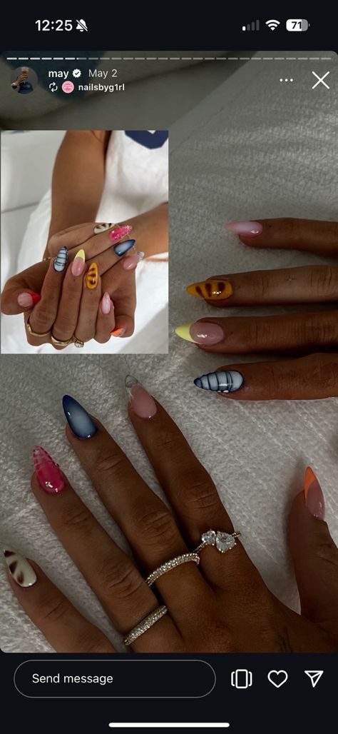 August Nails Inspo 2024, Nail Multi Color Ideas, Nails On Chest Pose, Nail Pic Ideas, Busy Nails Designs, Cool Almond Nails Designs, Fun Easy Nails, Classy Fun Nails, Peggy Gou Nails