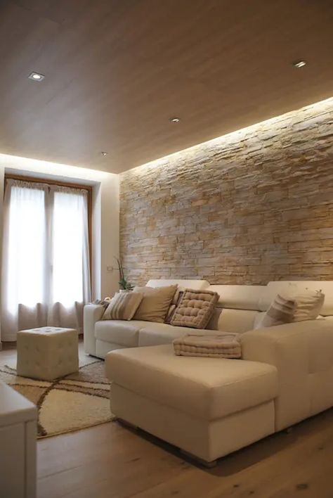 40 Ideas preciosas para lograr un living súper moderno | homify Ceiling Design Living Room, Living Room Flooring, Rustic Living Room, Decor Home Living Room, Living Room Decor Apartment, Home Room Design, Design Case, Stone Wall, 인테리어 디자인