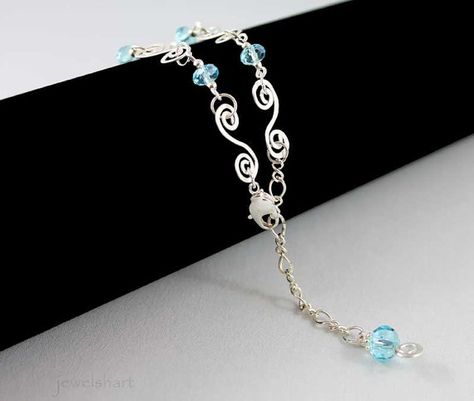 Wire Wrapped Dainty Blue Crystal Bead Bracelet by Jewelshart Light Blue Crystals, Swirl Bracelet, Bridal Cuff Bracelet, Bridal Cuff, Crystal Bead Bracelet, Bracelet Size Chart, Wire Wrapped Bracelet, Dainty Bracelet, Crystal Beads Bracelet