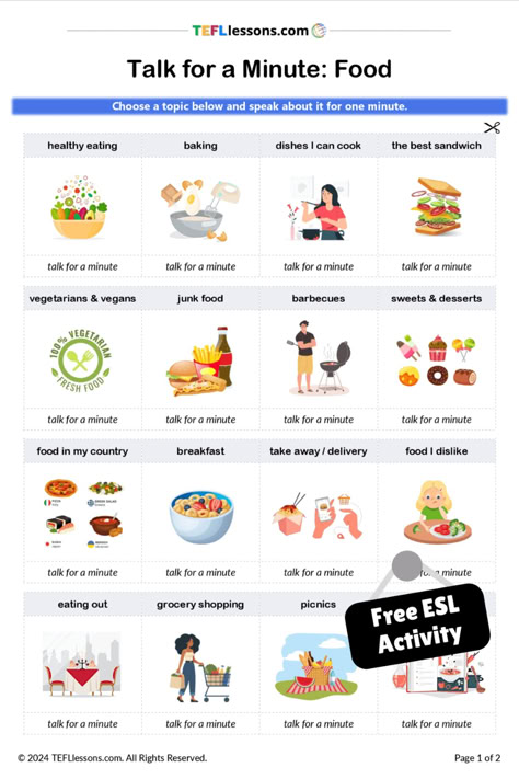 ESL Talk for a Minute Task  | Food Topics | Teaching English Speaking Cards For Adults, English Topics For Speaking, Toefl Speaking, Learn To Read English, Speaking Activities Esl, 6th Grade English, Speaking Topics, Speaking Activities English, Efl Teaching